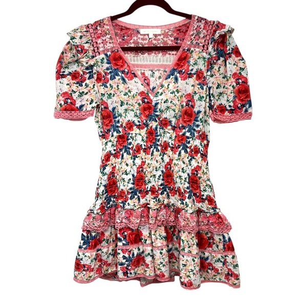 LoveShackFancy Rena Rose Floral Ruffle Mini Dress in Rush of Red Women’s Medium - Picture 15 of 16